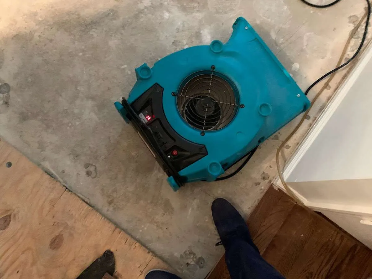 Air mover drying subfloor during Commercial Water Damage Restoration in Baltimore Highlands